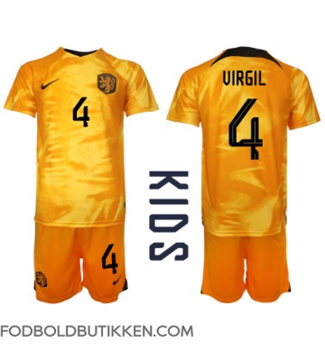 Holland Virgil van Dijk #4 Hjemmebanetrøje Børn VM 2022 Kortærmet (+ Korte bukser)